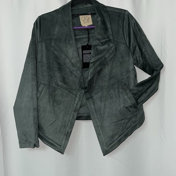 NWT Chaser Faux Suede Long Sleeve Draped Open Front Jacket blazer Gray Size S - Picture 2 of 8